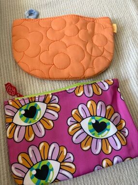ipsy Pink Floral Eye Print Pouch & Quilted Orange Cosmetic Bag